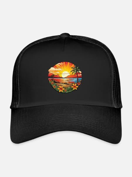 Magical beach by the sea with palm trees and flowers - Trucker Cap - black/black - Front