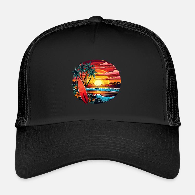 Magical beach by the sea with palm trees and waves Trucker Cap