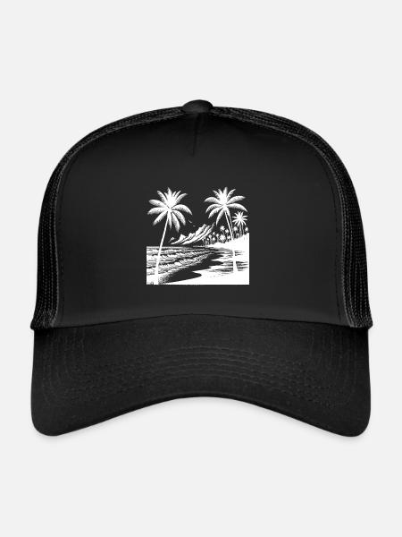 Volcano coast with palm trees, beach and sea - Trucker Cap - black/black - Front