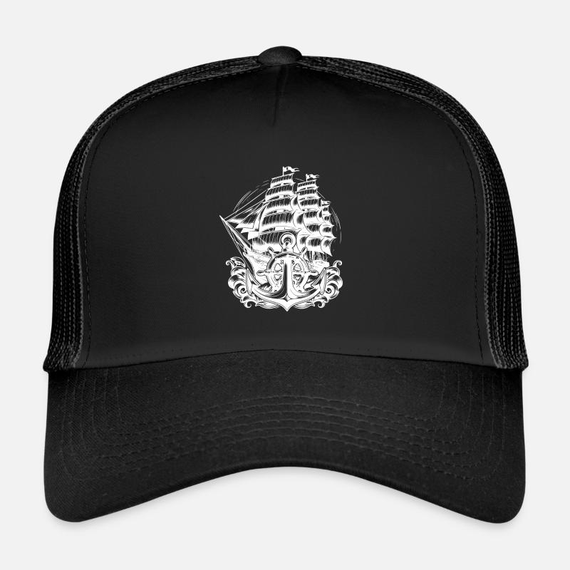 Anchor steering wheel sailing ship in heavy seas Trucker Cap