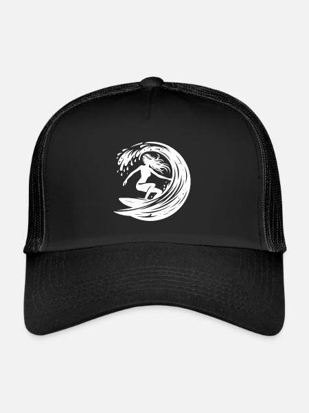 Sporty surfer with surfboard in wave tunnel - Trucker Cap - black/black - Front