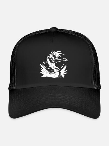 Cormoran Bird with Big Eyes Pencil Sketch - Trucker Cap - black/black - Front