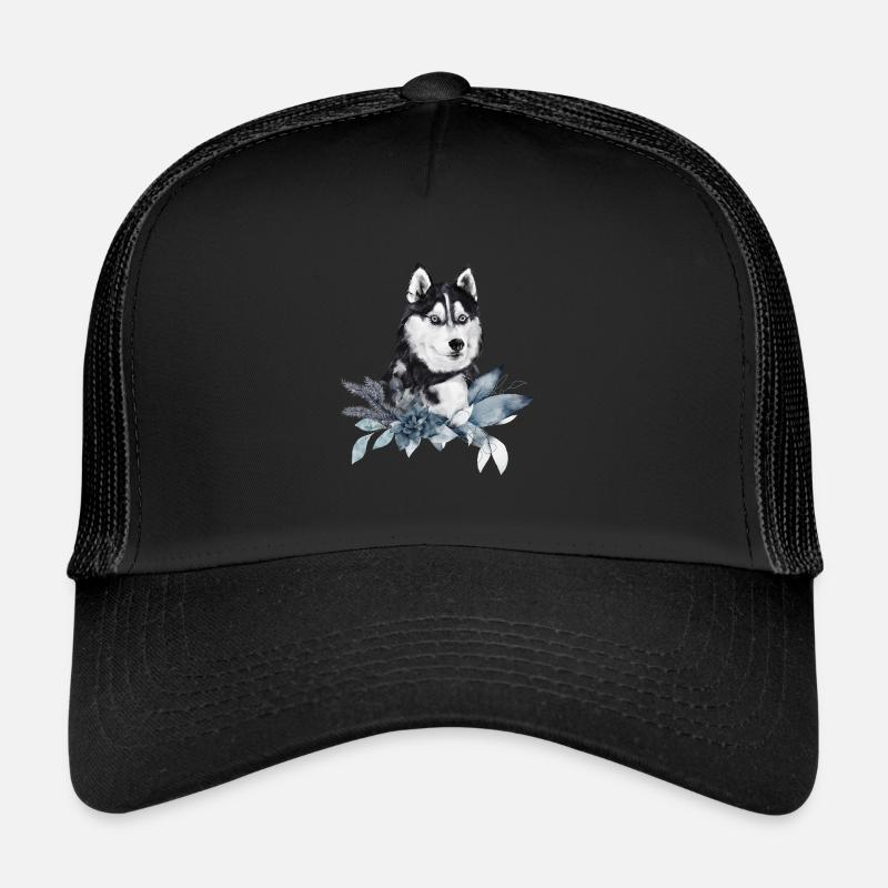 Portrait husky décoré de plantes de Noël Casquette trucker 