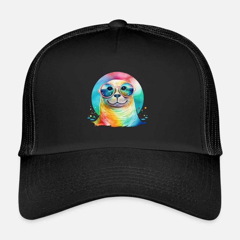 Bunter cooler Seehund mit Sonnenbrille - Trucker Cap - Schwarz/Schwarz