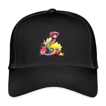 Bunte coole Schlange mit Brille - Trucker Cap - Schwarz/Schwarz - Vorne