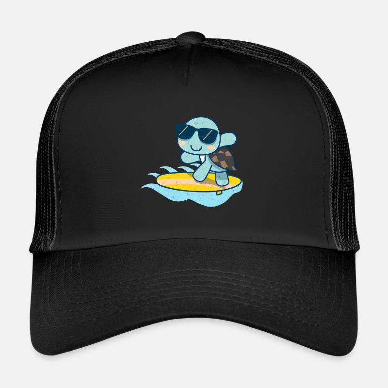 Cute turtle with sunglasses on surfboard Trucker Cap