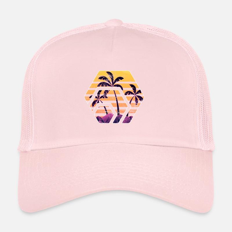 Coucher de soleil de jeton hexadécimal, coucher de soleil sur la plage de palmiers hexagonaux Casquette trucker 