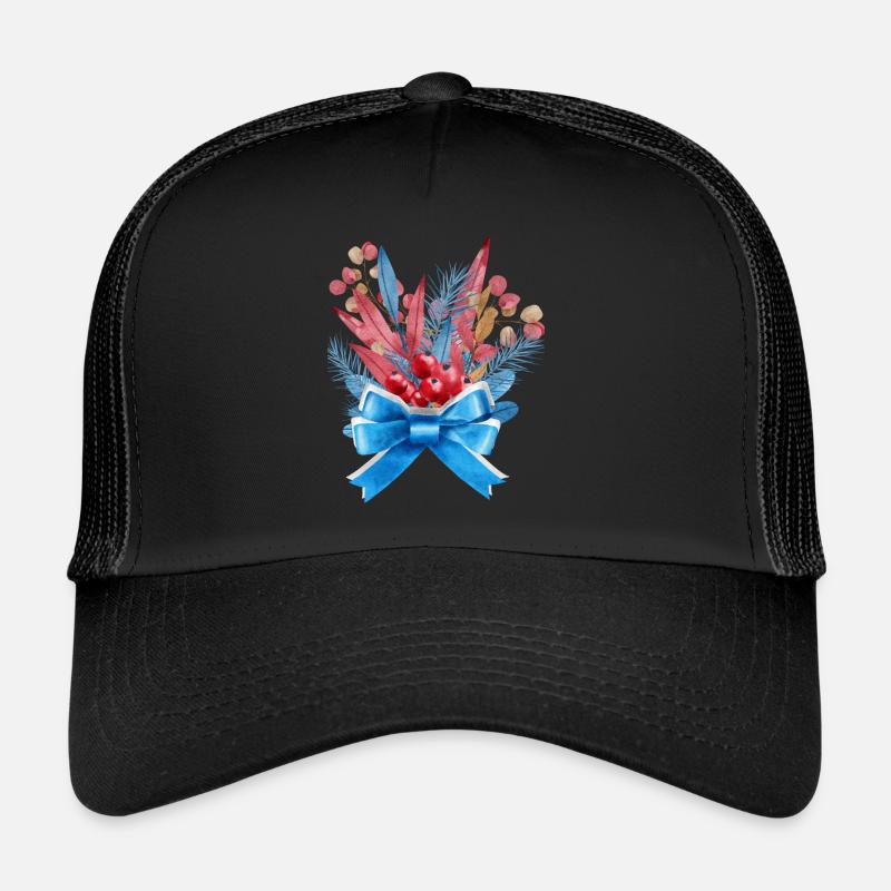Bouquet de feuilles bleu-rouge avec ruban bleu Casquette trucker 