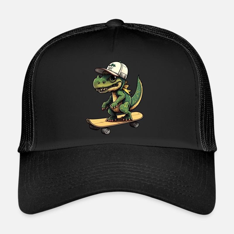 Dino Dinosaurier auf Skateboard mit Mütze Cap - Trucker Cap - Schwarz/Schwarz