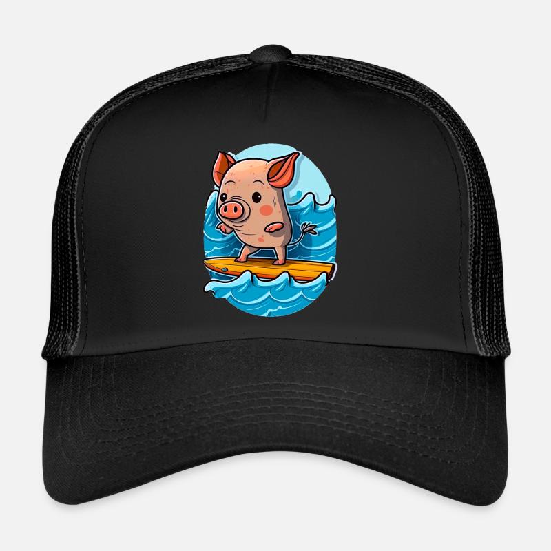 Joli cochon surfant dans la mer sur une planche de surf Casquette trucker 