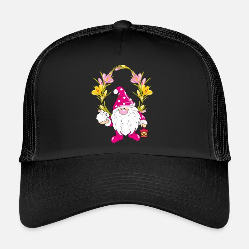 Funny gnome with a cute rabbit in floral frame Trucker Cap
