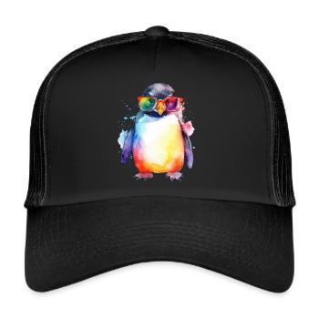 Bunter cooler Pinguin mit Sonnenbrille - Trucker Cap - Schwarz/Schwarz - Vorne