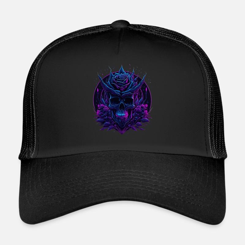 lila neon Skull and Roses Trucker Cap