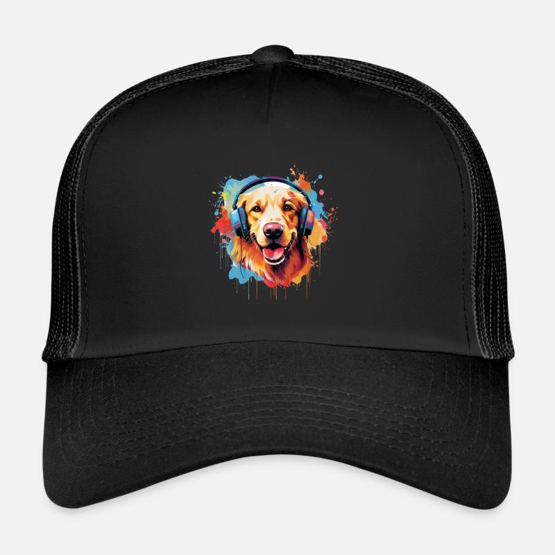 Bunter Golden Retriever mit Kopfhörer Trucker Cap