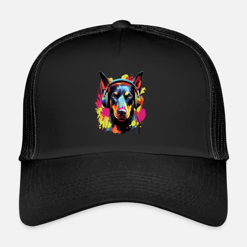 Bunter Dobermann mit Kopfhörer - Trucker Cap - Schwarz/Schwarz
