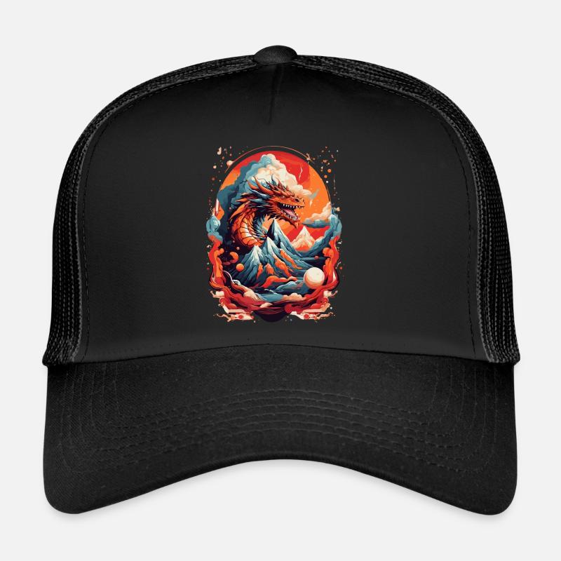 DRAGON BETWEEN MOUNTAINS & LAVA & FIRE, RETRO Trucker Cap