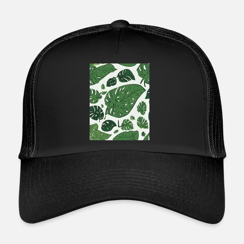 Monastera Muster T-Shirt - Trucker Cap - Schwarz/Schwarz