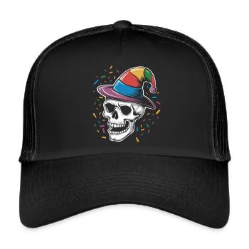 Lustiger Skull mit Narrenkappe und Konfetti - Trucker Cap - Schwarz/Schwarz - Vorne