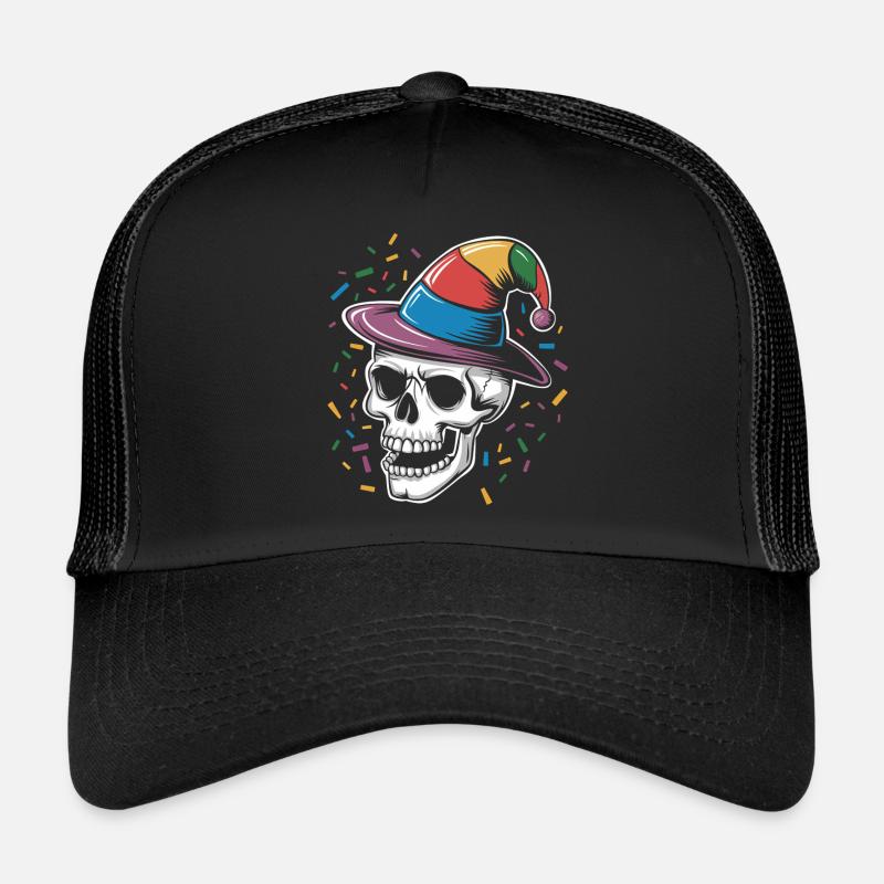 Funny Skull with Fool's Cap and Confetti Trucker Cap
