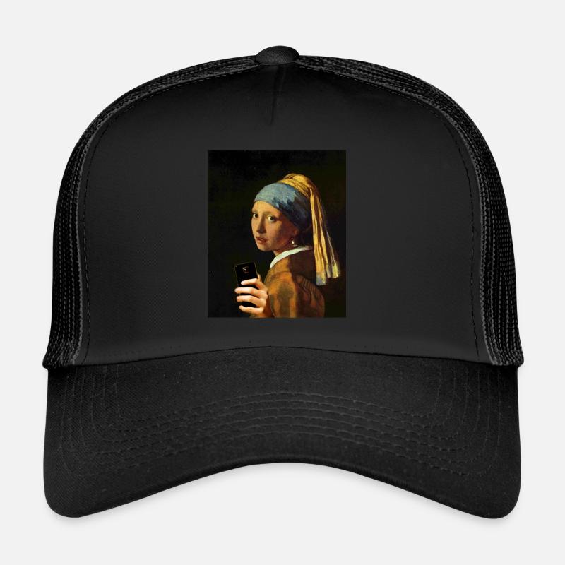 Vermeer Mädchen mit Perlenohrring und Smartphone - Trucker Cap - Schwarz/Schwarz