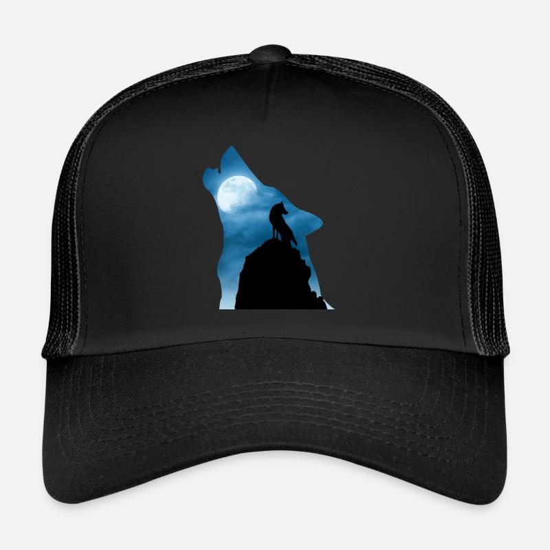 Cooles Wolf T-Shirt, Geschenkidee - Trucker Cap - Schwarz/Schwarz