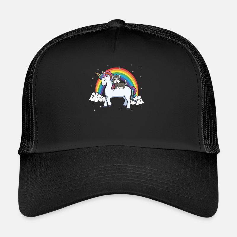 Siberian Husky Hund Regenbogen Einhorn Geschenk - Trucker Cap - Schwarz/Schwarz