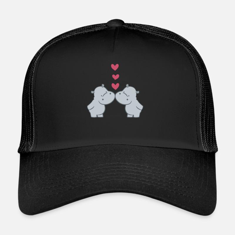 Flusspferd – Hippopotamus - Hippo - Paar - Herzen - Trucker Cap - Schwarz/Schwarz
