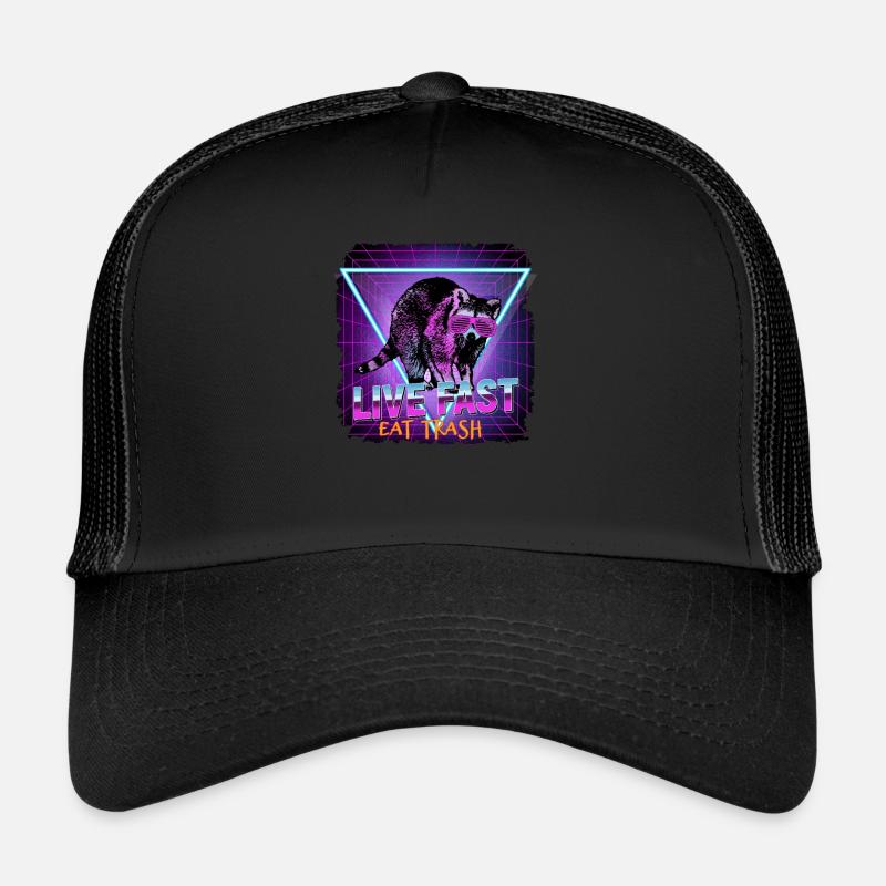 Waschbär Live Fast Eat Trash Retro 80er Jahre - Trucker Cap - Schwarz/Schwarz