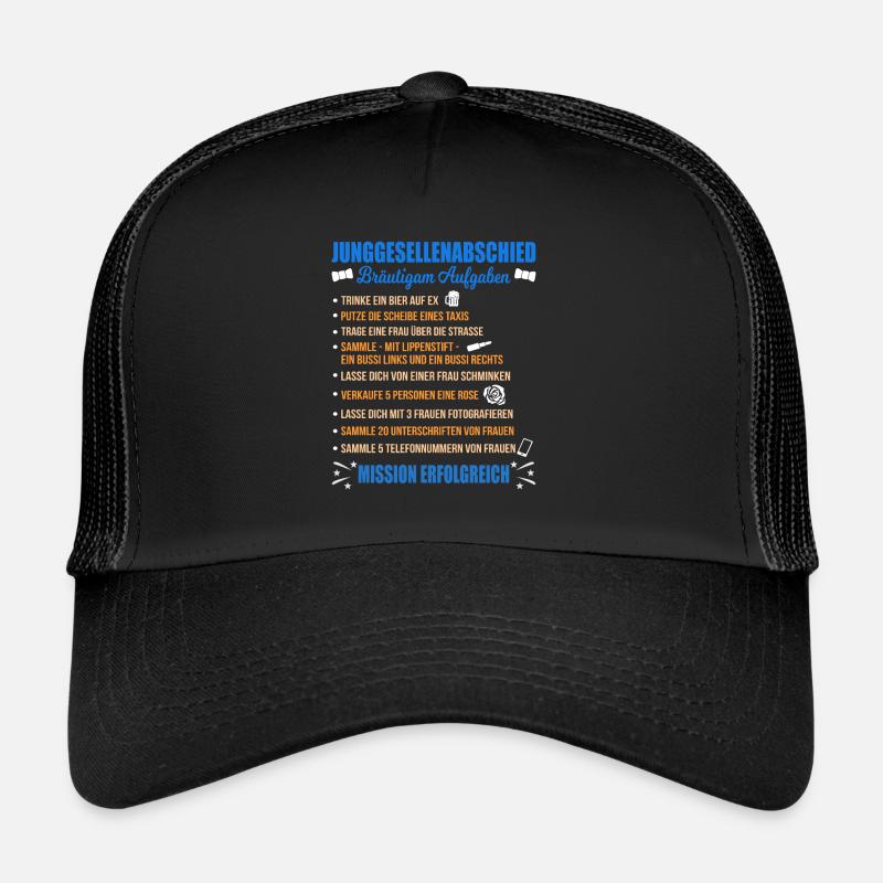 JGA Aufgaben Bräutigam Junggesellen Checkliste - Trucker Cap - Schwarz/Schwarz