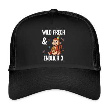 3. Geburtstag Affe Wild Frech Und Endlich 3 Jahre - Trucker Cap - Schwarz/Schwarz - Vorne