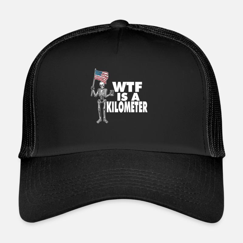 WTF Is A Kilometer Meme Skeleton USA Flag Trucker Cap