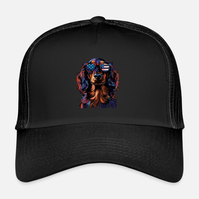 Dachshund with American Sunglasses Trucker Cap