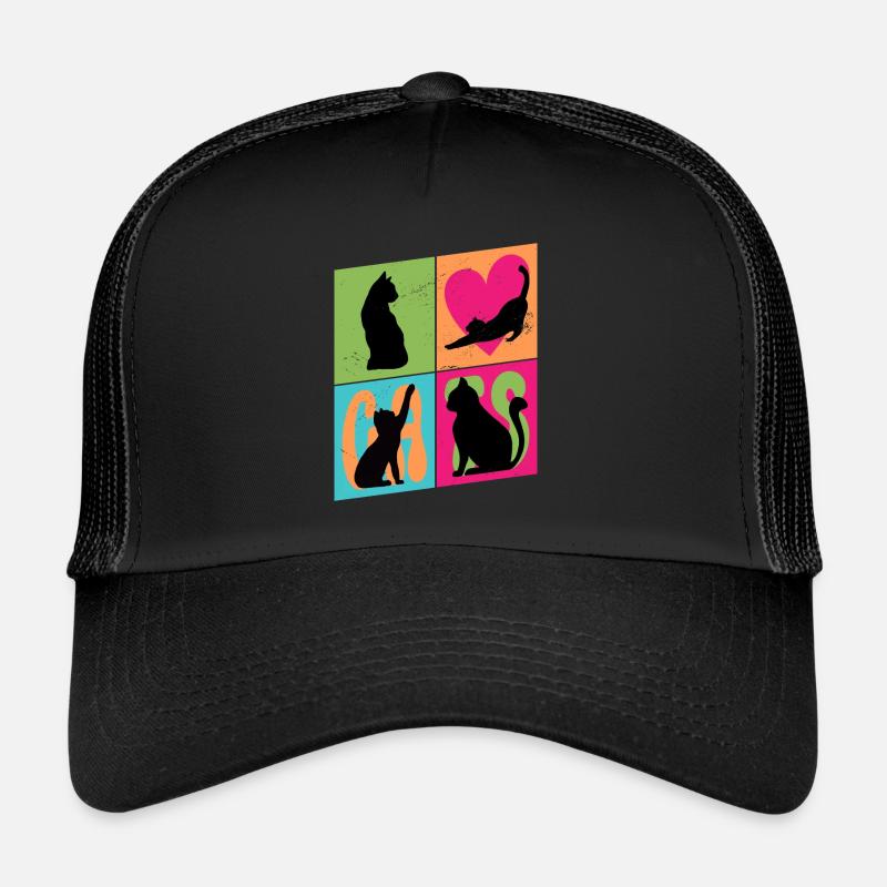 Katze Kätzchen Kater Silhouette Herz Bunt Kunst - Trucker Cap - Schwarz/Schwarz