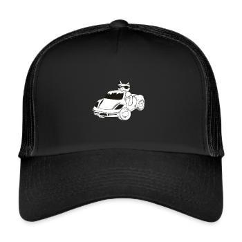 Katze im Auto / Geschenk / Geschenkidee - Trucker Cap - Schwarz/Schwarz - Vorne