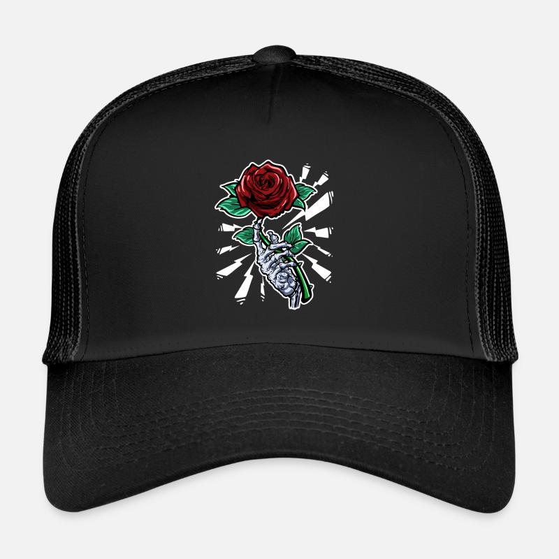 Tattoo Skeleton Hand Red Rose Flower Trucker Cap