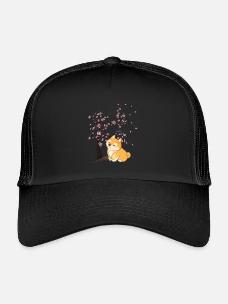 Fleur de cerisier Japon Art japonais Kawaii Shiba Inu - Casquette trucker  - noir/noir - Devant