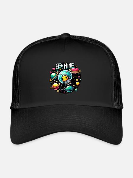 Bee Mine: Astronaut Bee Planets & Hearts Playful - Trucker Cap - black/black - Front