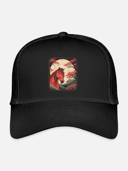 Cheval Équitation Japon Cerisier Fleur Lune - Casquette trucker  - noir/noir - Devant