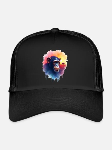 Chimpanzé Art Oeuvre Aquarelle Forêt Singe - Casquette trucker  - noir/noir - Devant