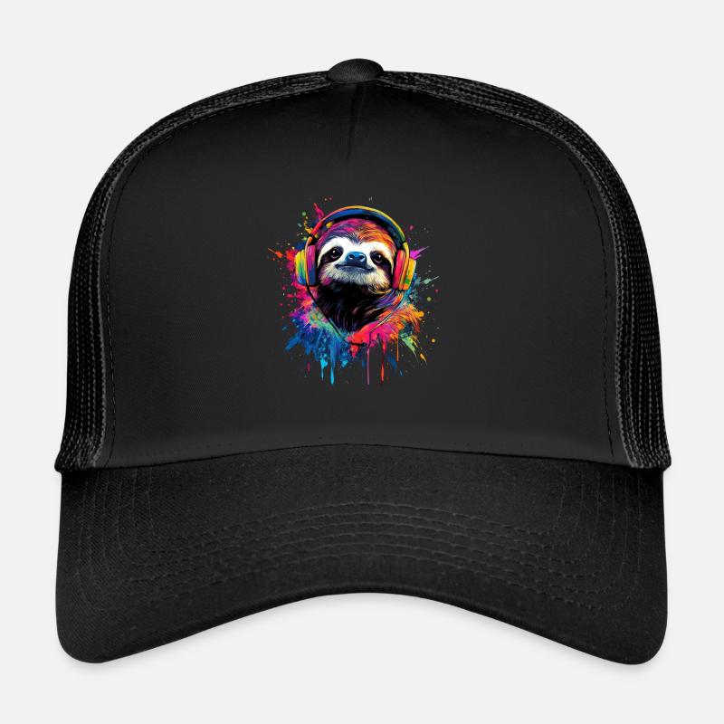 Bunt Künstlerisch Faultier mit Kopfhörer - Trucker Cap - Schwarz/Schwarz