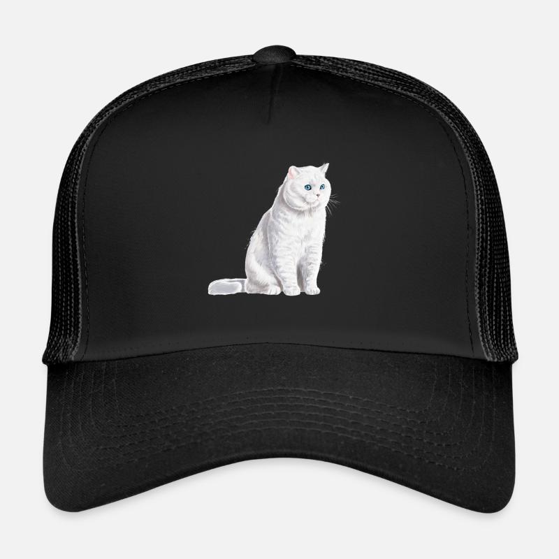 Sitting White British Shorthair Cat - Trucker Cap - black/black