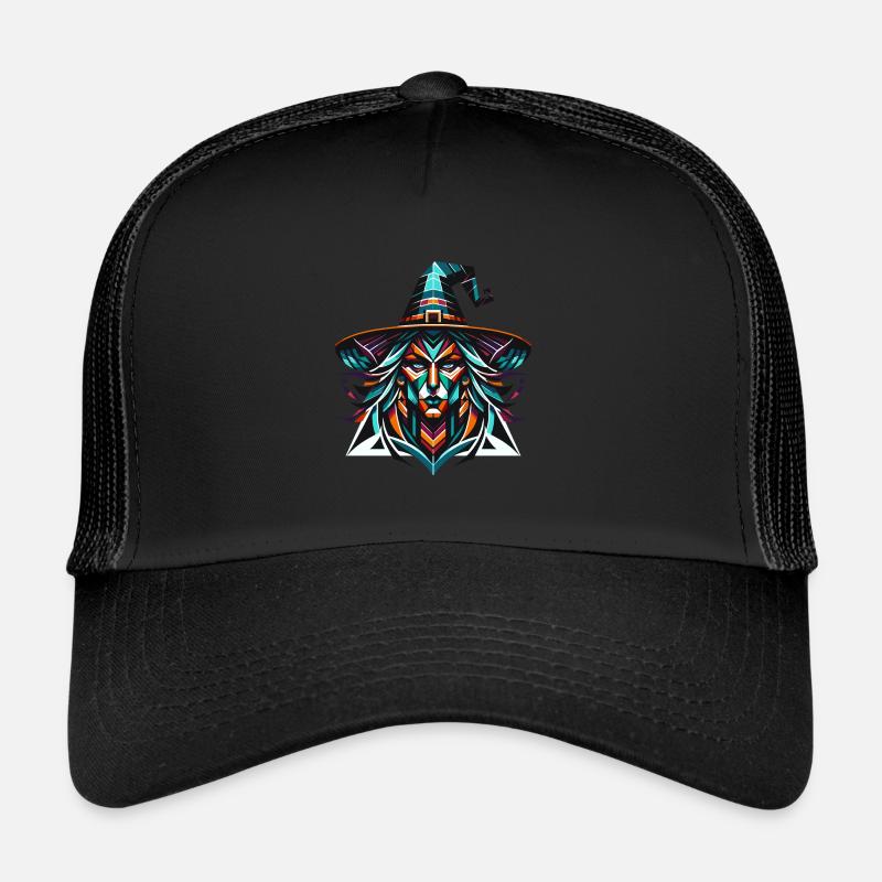 Geometrisches Hexenporträt: Lebendige Polygonkunst Trucker Cap