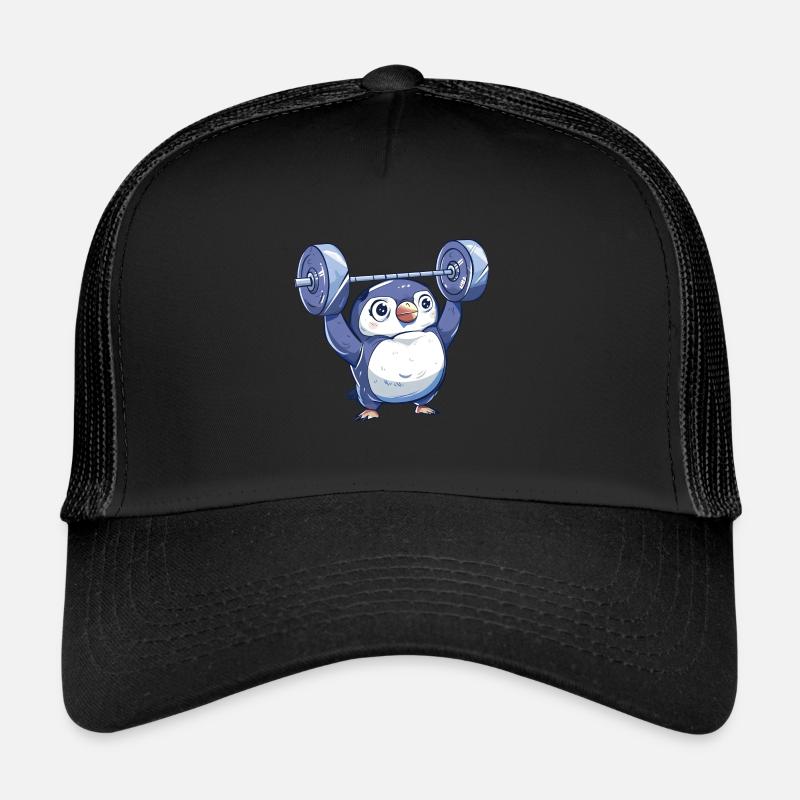 Pinguin Hantel Workout Cartoon - Trucker Cap - Schwarz/Schwarz