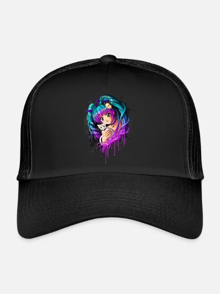Kitten and Pigtail Manga Girl - Trucker Cap - black/black - Front