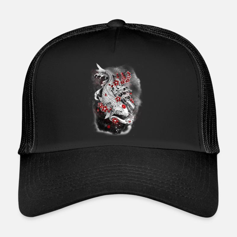 Kohaku white koi carp surrounded by Sakura - Trucker Cap - black/black