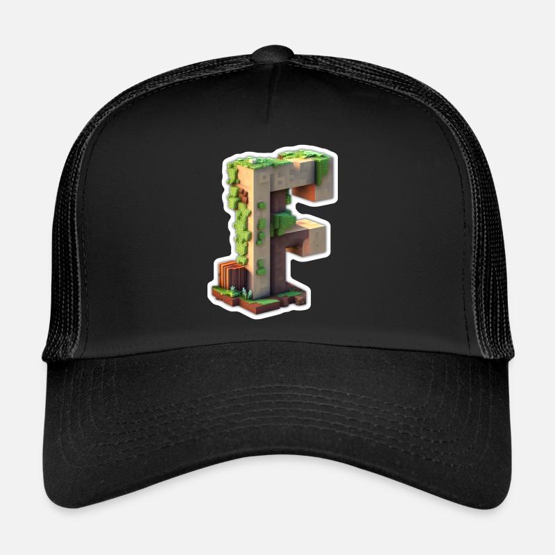 Buchstabe F in 3D Pixelart Stil "Minenarbeiter" - Trucker Cap - Schwarz/Schwarz