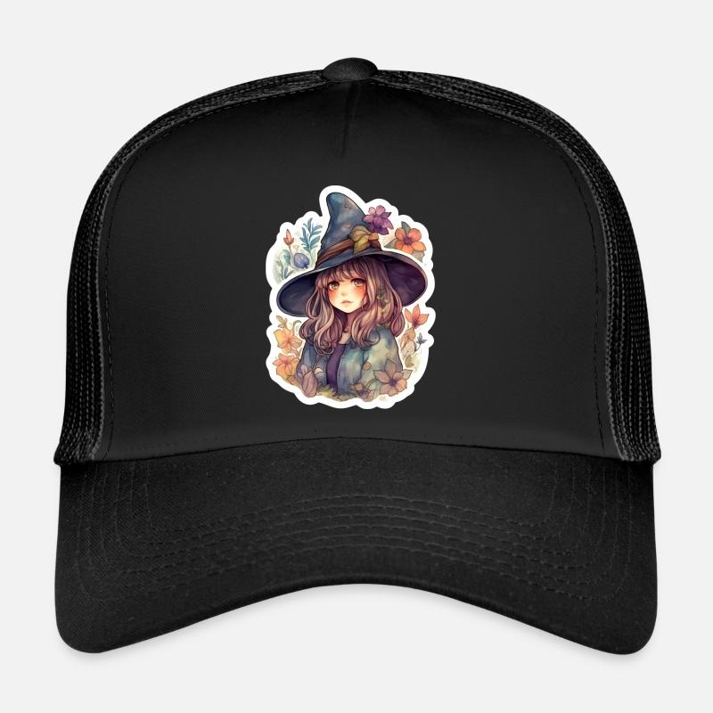 Sorcière mignonne encadrée par des fleurs Casquette trucker 