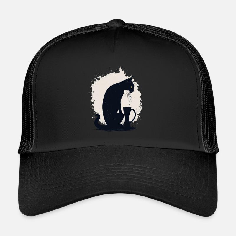 Schwarze Katze mit Kaffeetasse Trucker Cap