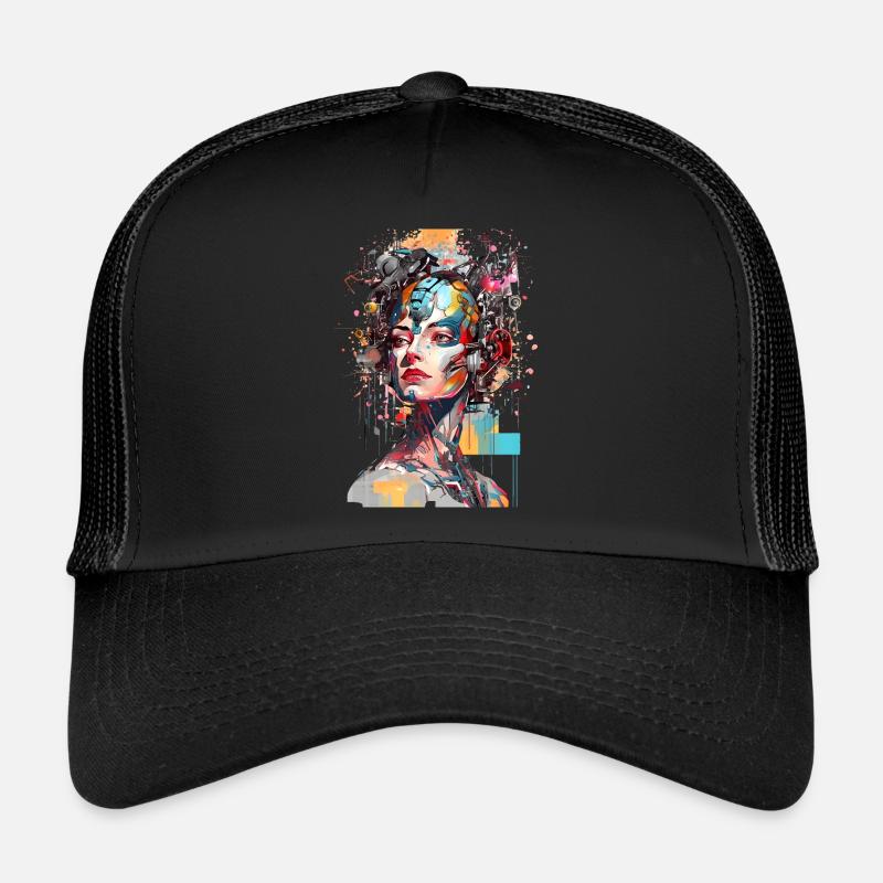 Portrait eines weiblichen AI Androiden/Cyborg Trucker Cap
