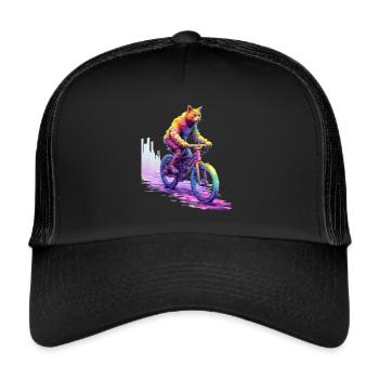 Katze auf Fahrrad, Pixel Art, by NeonCat - Trucker Cap - Schwarz/Schwarz - Vorne